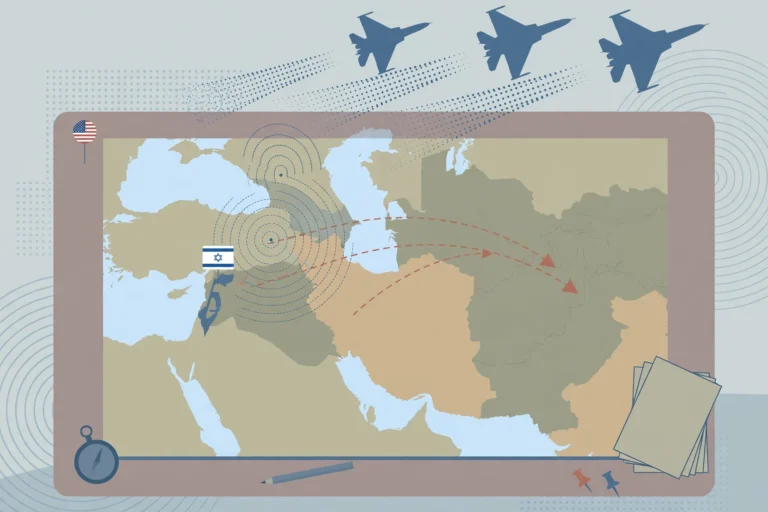 Editorial illustration of a war-room map showing US and Israeli strike planning over the Middle East