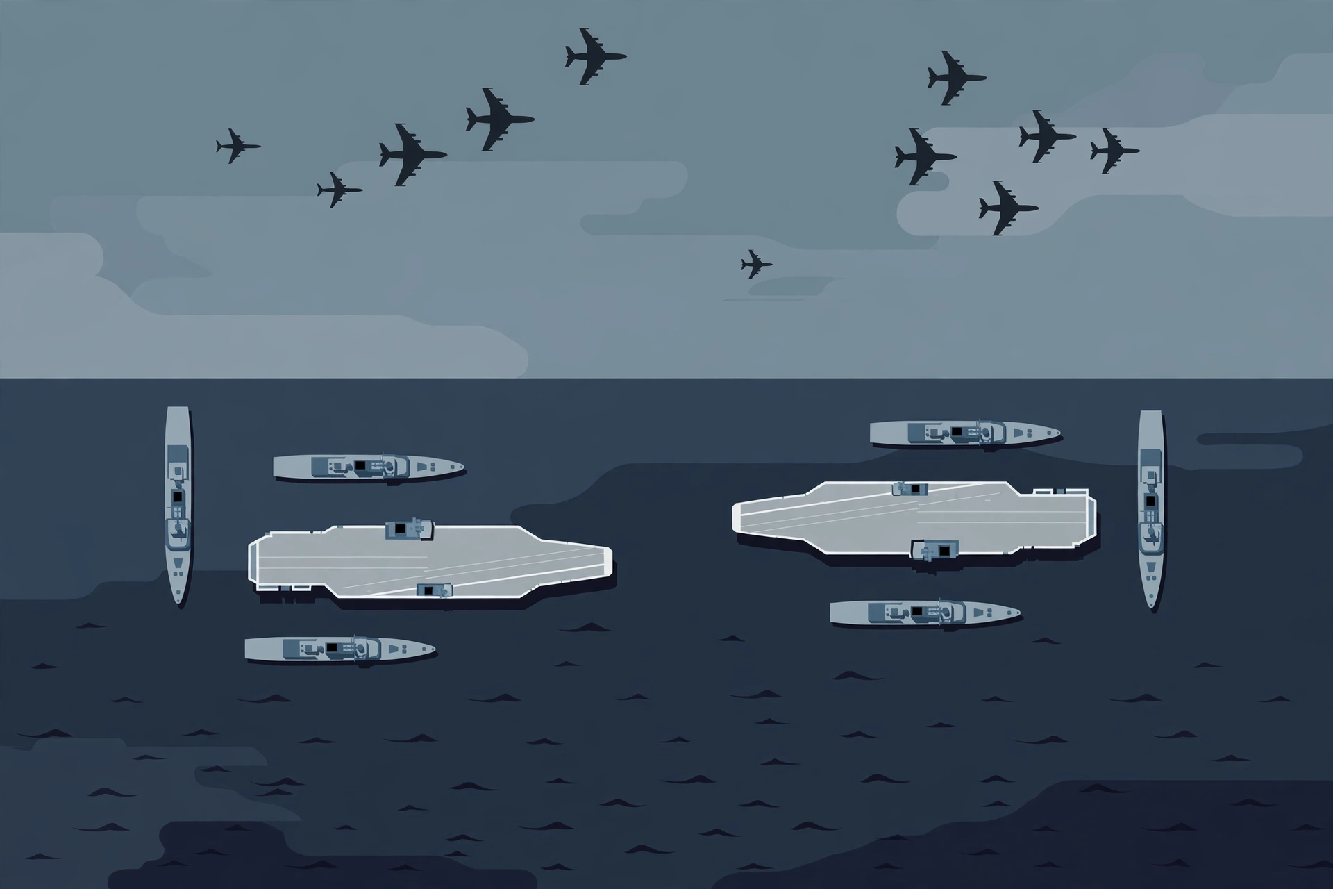Editorial illustration of aircraft carriers and fighter aircraft at sea
