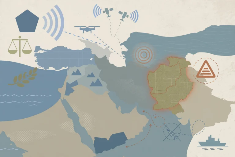 Editorial illustration of a map of the Middle East with military and diplomatic symbols
