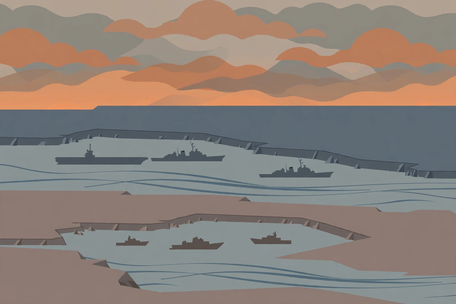 Editorial illustration of naval ships on a stylised strait under a tense sky
