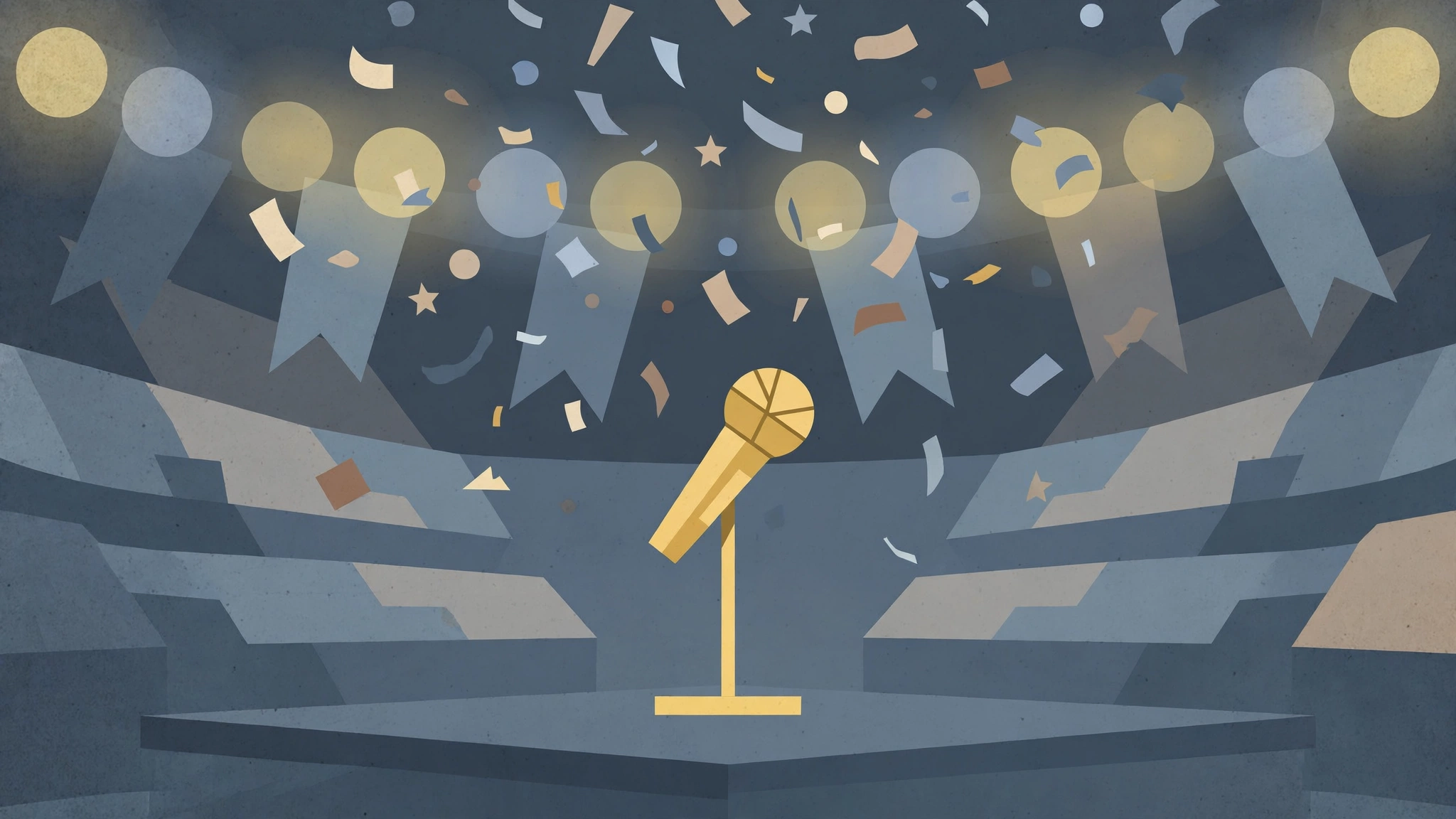 Illustration of a microphone on a stage with confetti