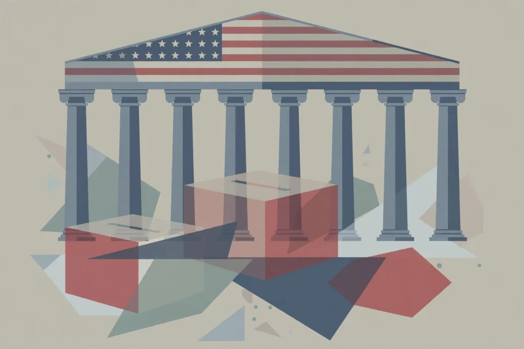 Editorial illustration of a US courthouse with an American flag pediment and ballot boxes