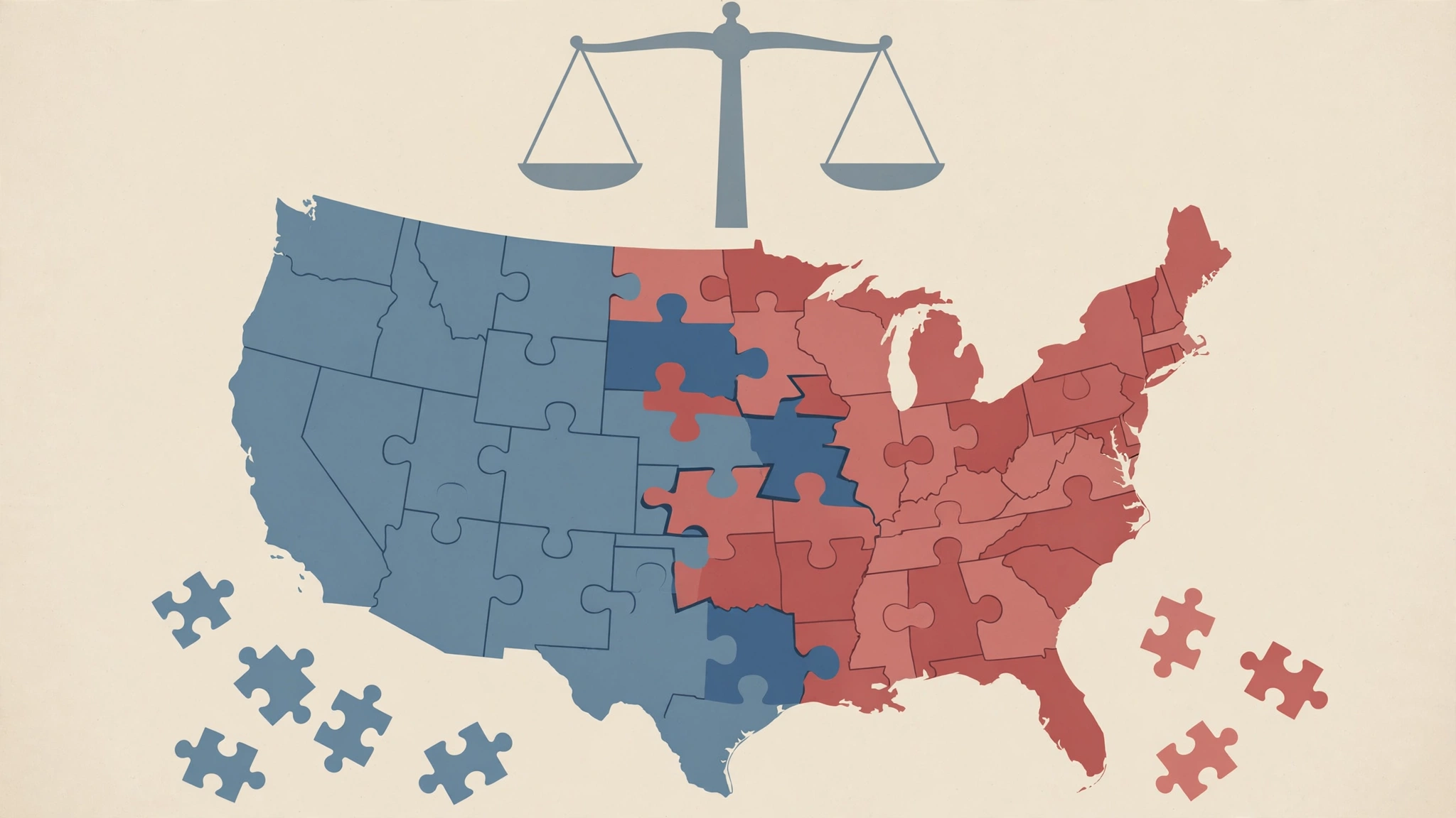 Editorial illustration of a US map as red and blue puzzle pieces under a balance scale