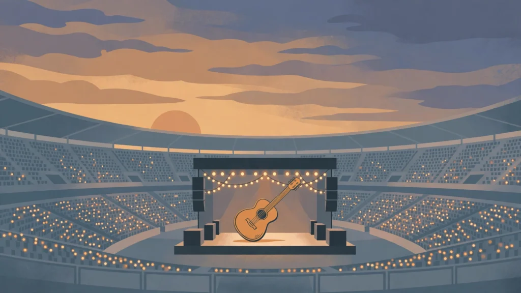 Illustration of a stadium stage with an acoustic guitar at sunset