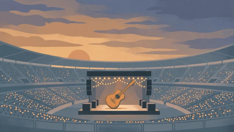 Illustration of a stadium stage with an acoustic guitar at sunset