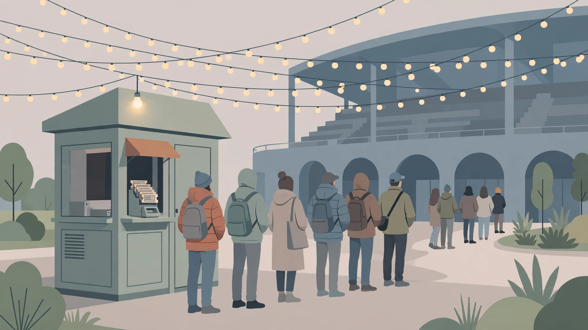 Illustration of fans queuing at a stadium ticket booth