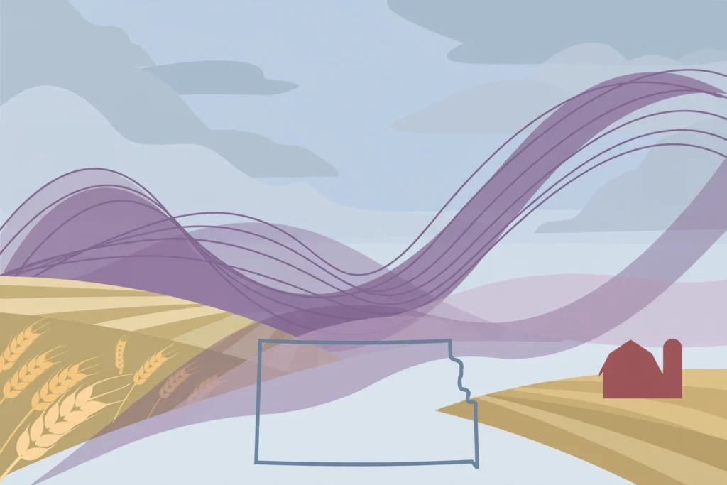 Editorial illustration of Kansas wheat fields with a state outline and purple wave