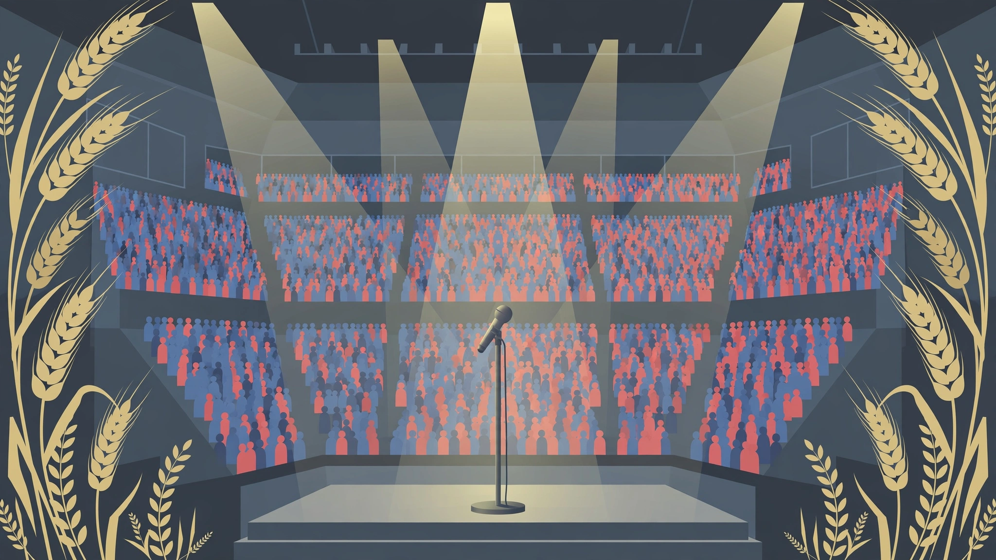 Editorial illustration of a packed arena rally with an empty microphone and wheat framing