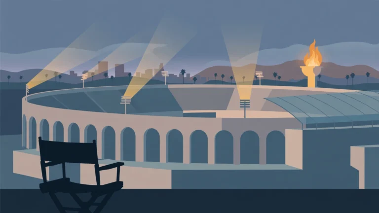 Illustration of an Olympic stadium at dusk with a cauldron flame and a director chair