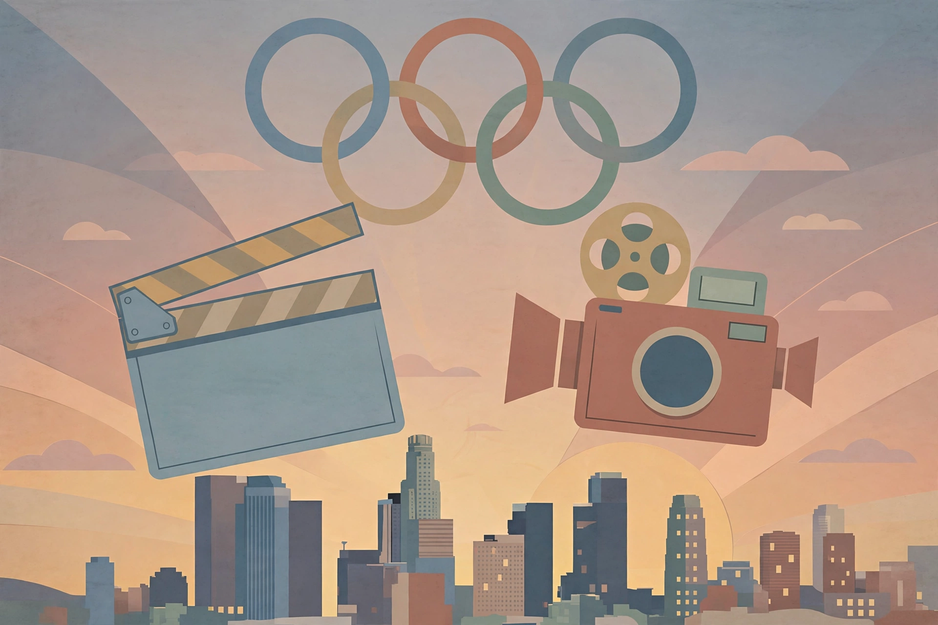 Illustration of a film camera and clapperboard above the Los Angeles skyline