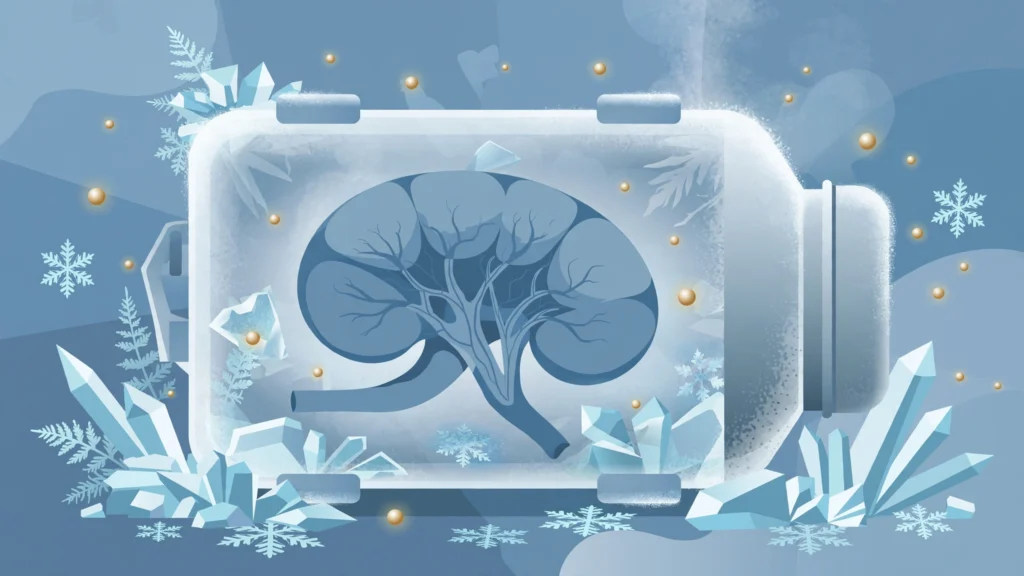 Editorial illustration of a kidney inside a frosted cryogenic container
