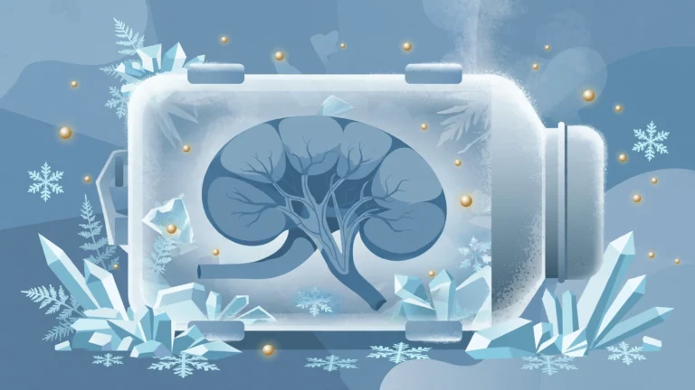 Editorial illustration of a kidney inside a frosted cryogenic container