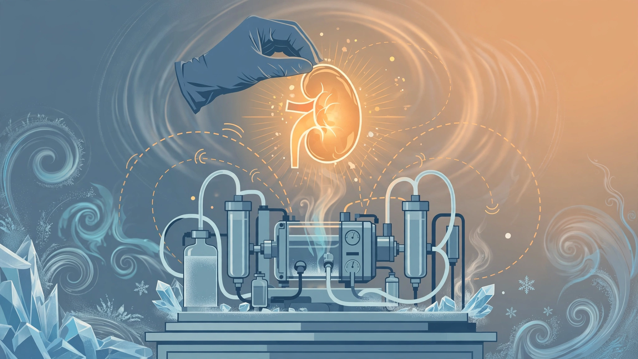 Editorial illustration of a gloved hand holding a glowing revived kidney above a laboratory perfusion machine
