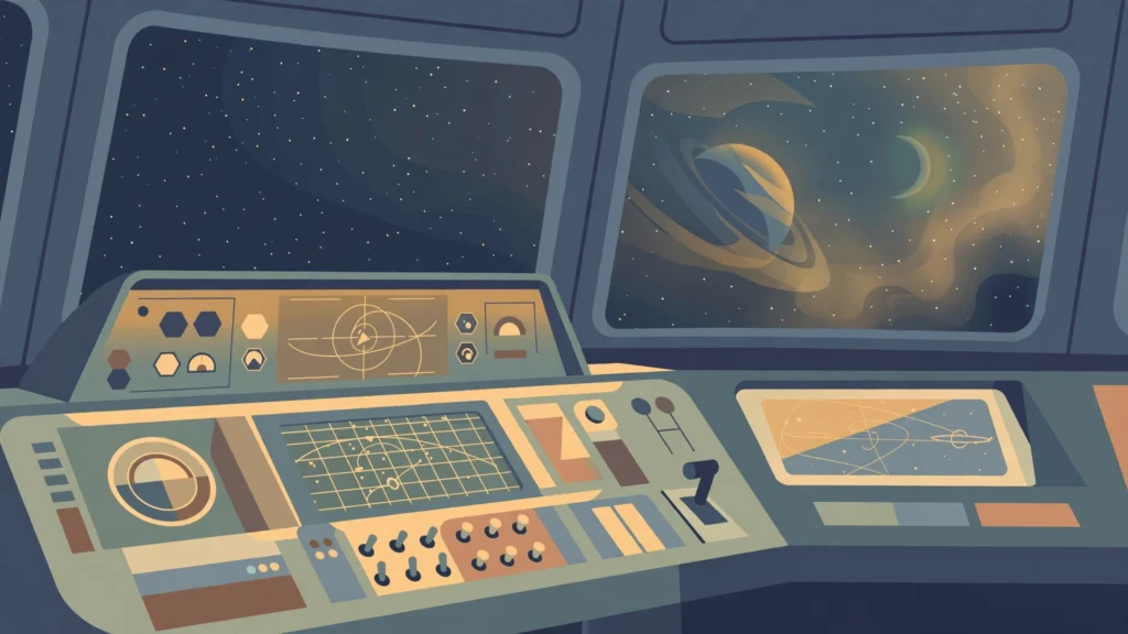 Illustration of a starship bridge console with a planet visible through the viewport
