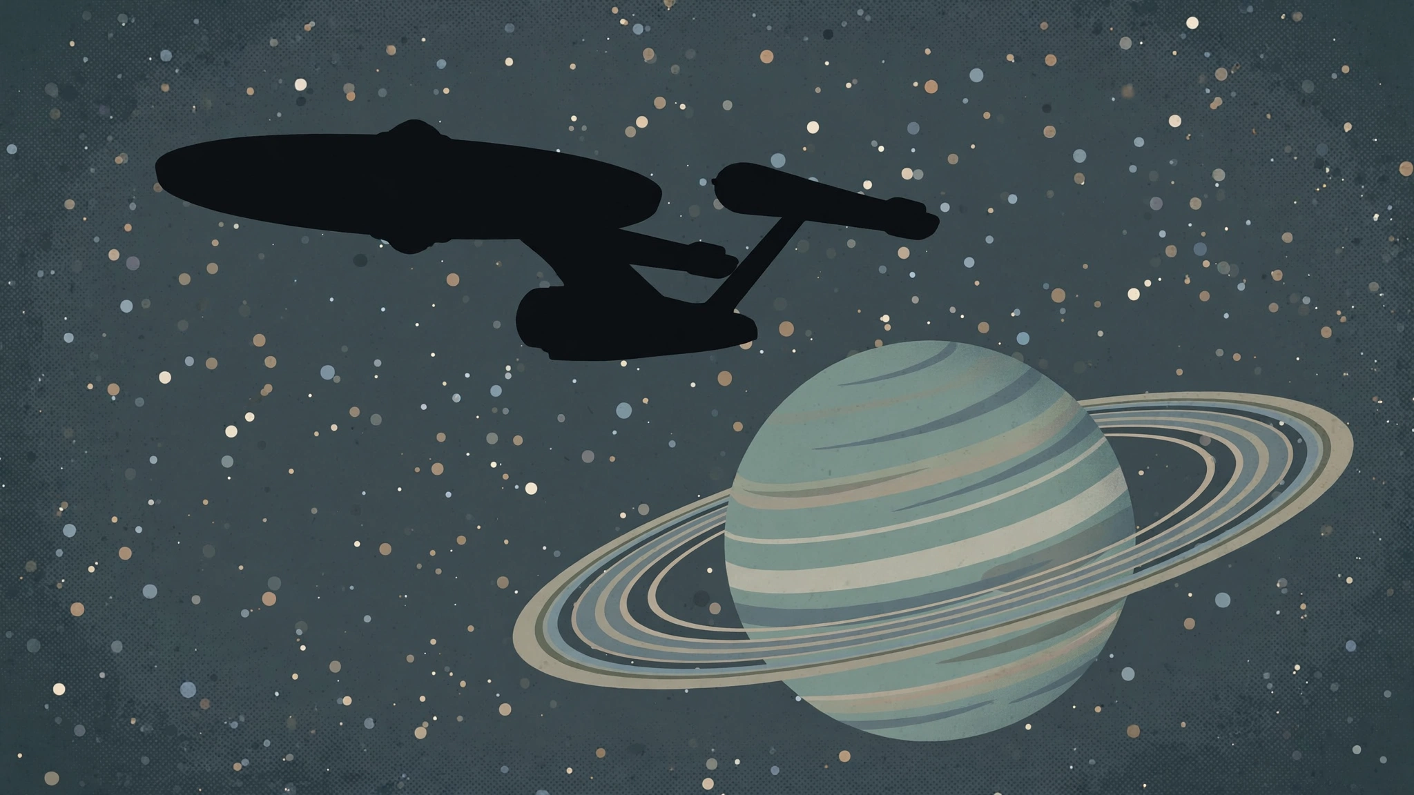 Illustration of a starship silhouette passing a ringed planet