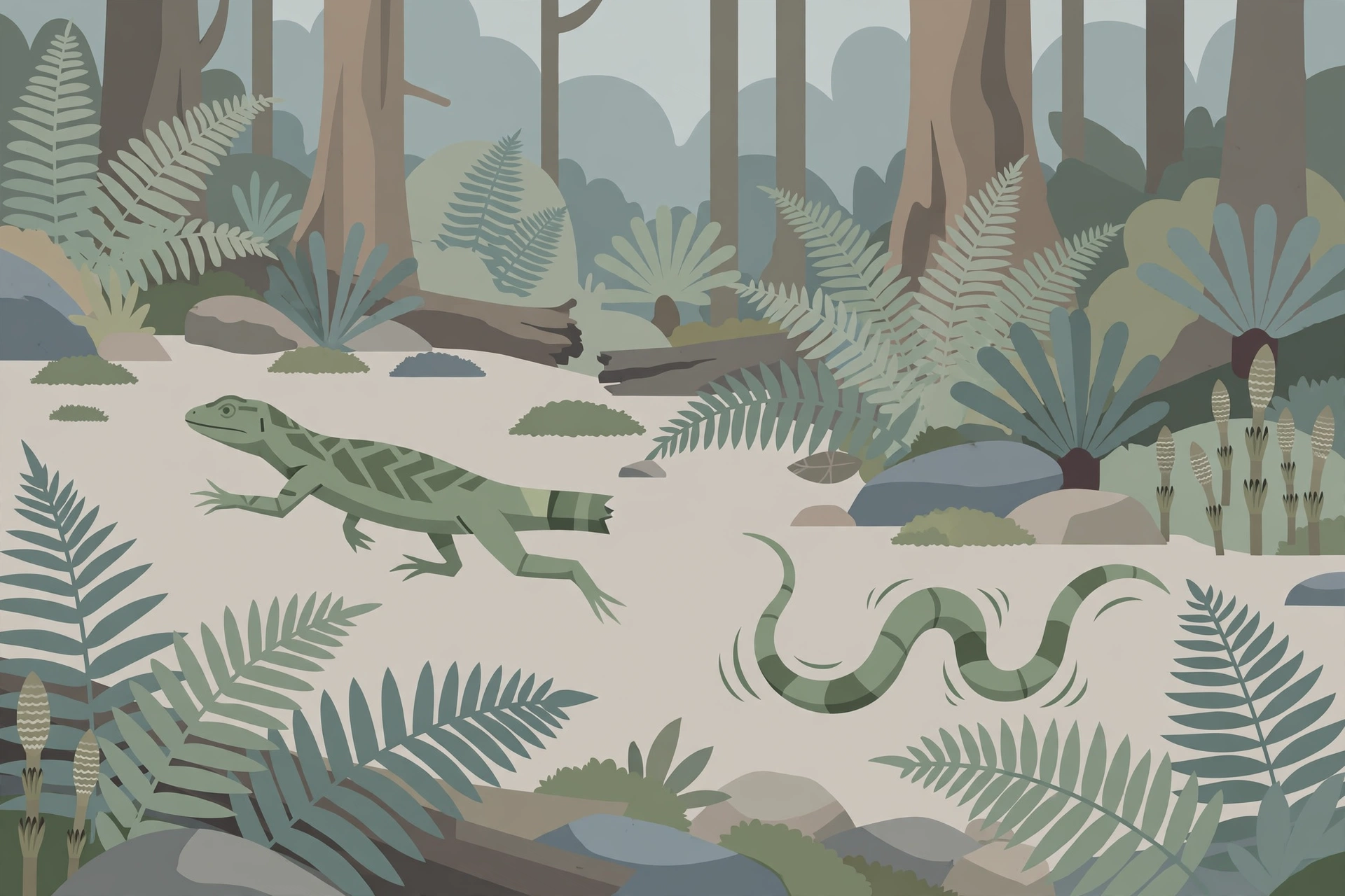 Illustration of a lizard darting away from its detached, wriggling tail in a prehistoric forest