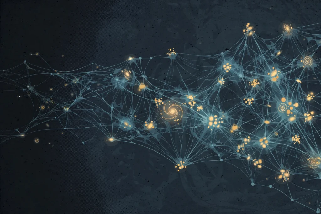 Illustration of the cosmic web of filaments and young galaxies