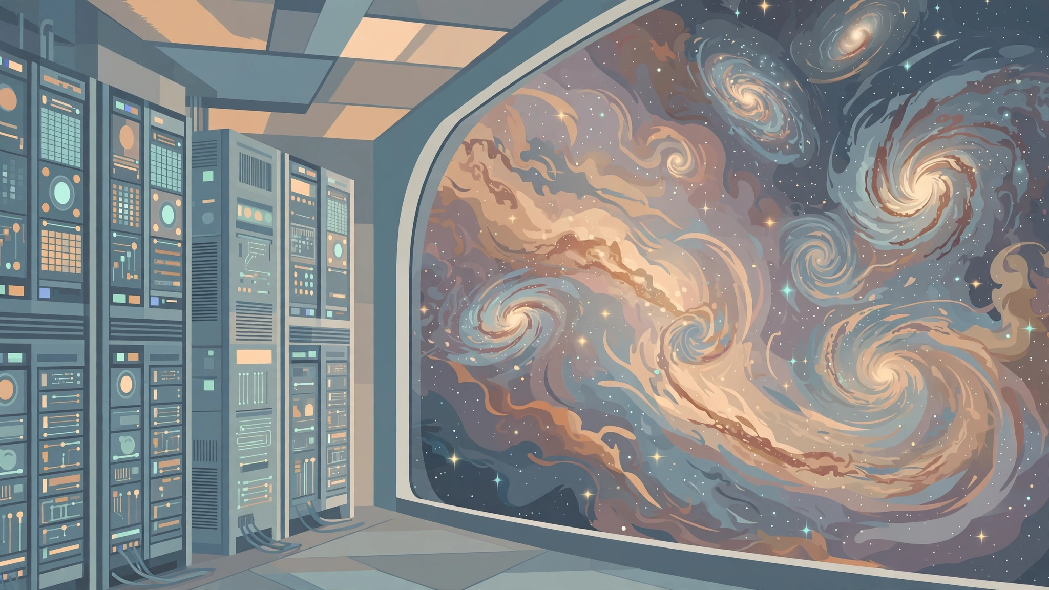Illustration of a supercomputer hall facing a field of early galaxies