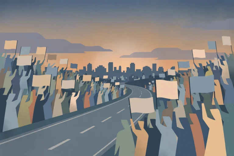 Illustration of crowds lining a highway near a city skyline