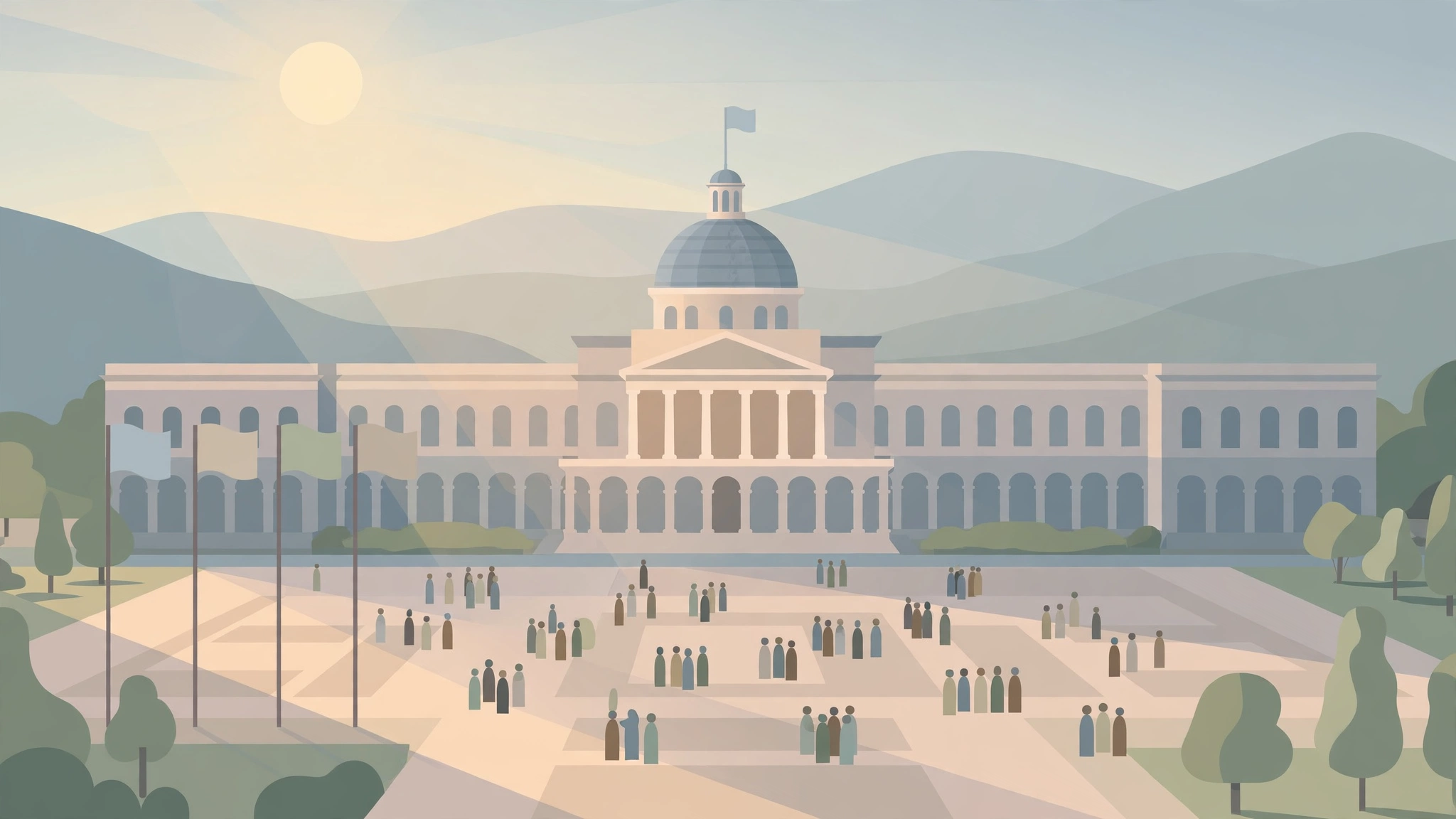 Illustration of a government palace building with people gathered in a plaza