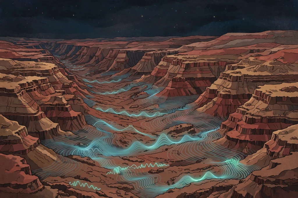 Editorial illustration of the Valles Marineris canyon on Mars with seismic wave lines