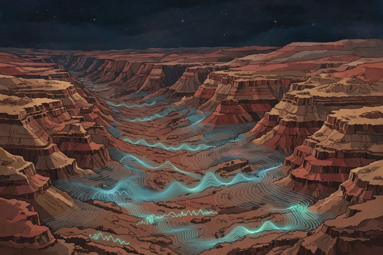 Editorial illustration of the Valles Marineris canyon on Mars with seismic wave lines