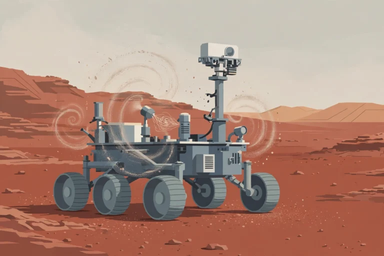 Illustration of a Mars rover on a dusty red plain