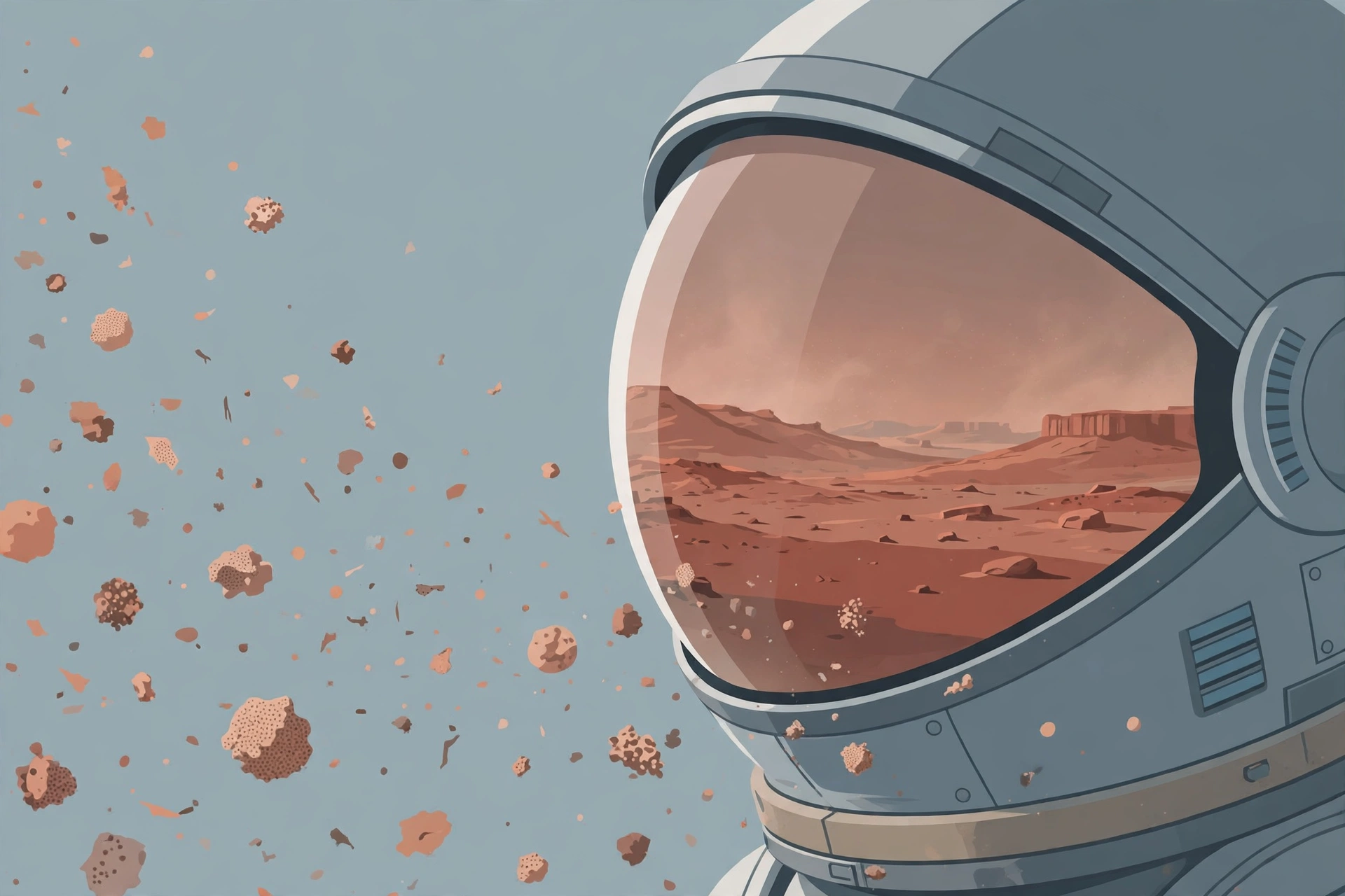 Illustration of an astronaut helmet visor reflecting the Martian landscape