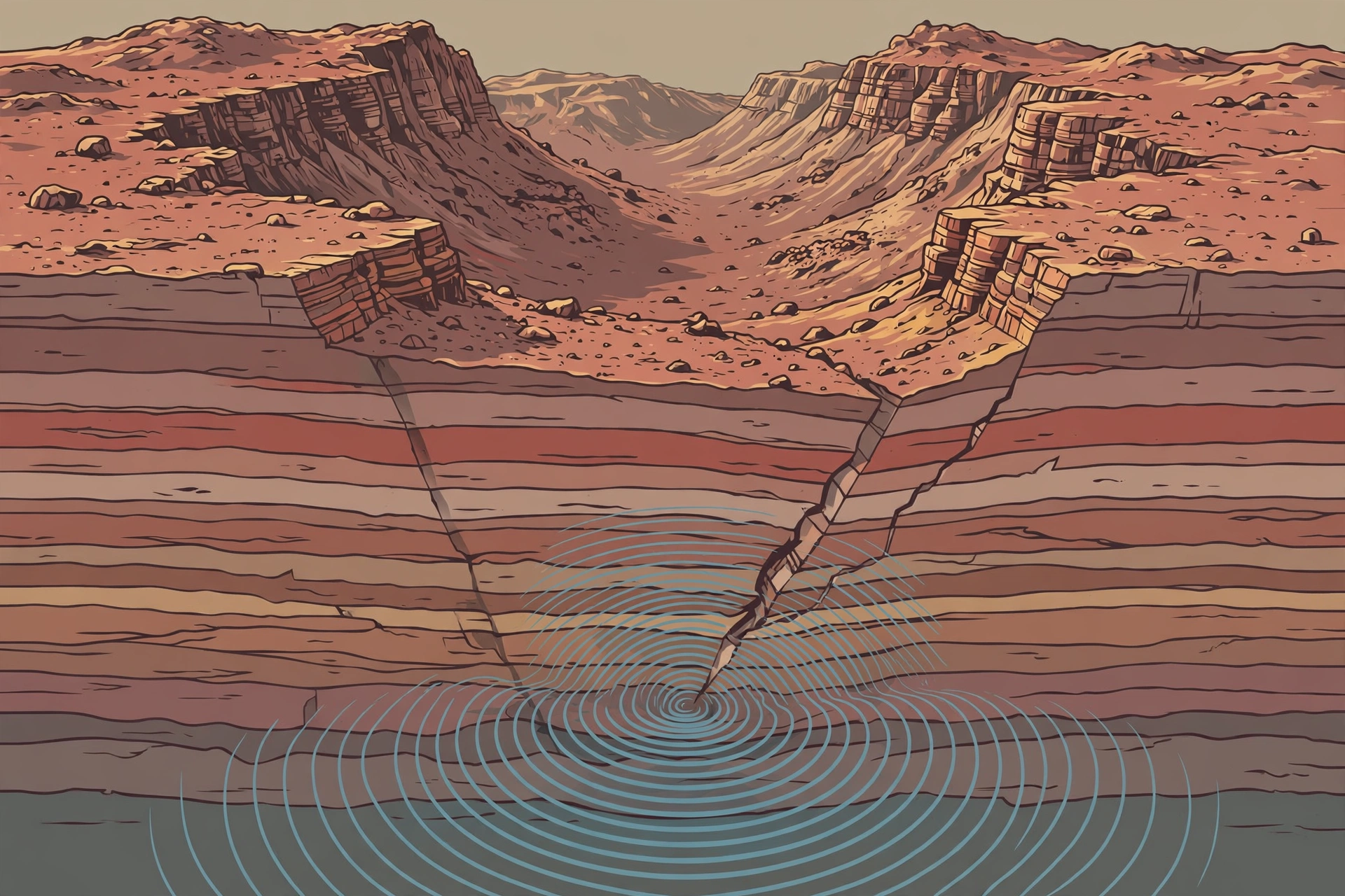 Editorial illustration of a Martian crust cross-section showing a fault with seismic waves