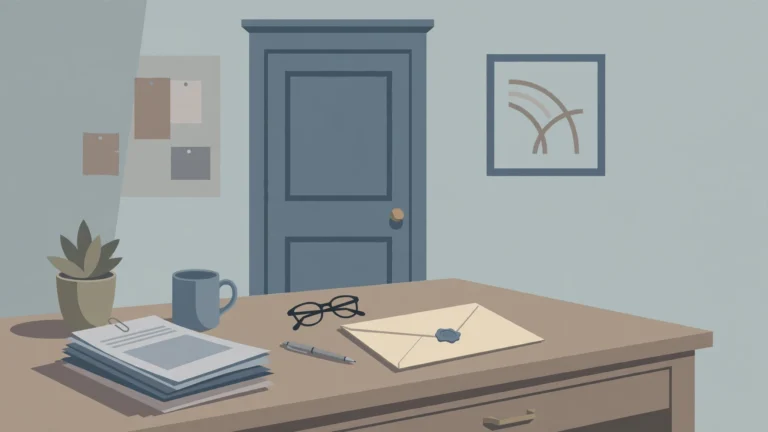 Editorial illustration of an empty government office desk with a sealed envelope and a closed door