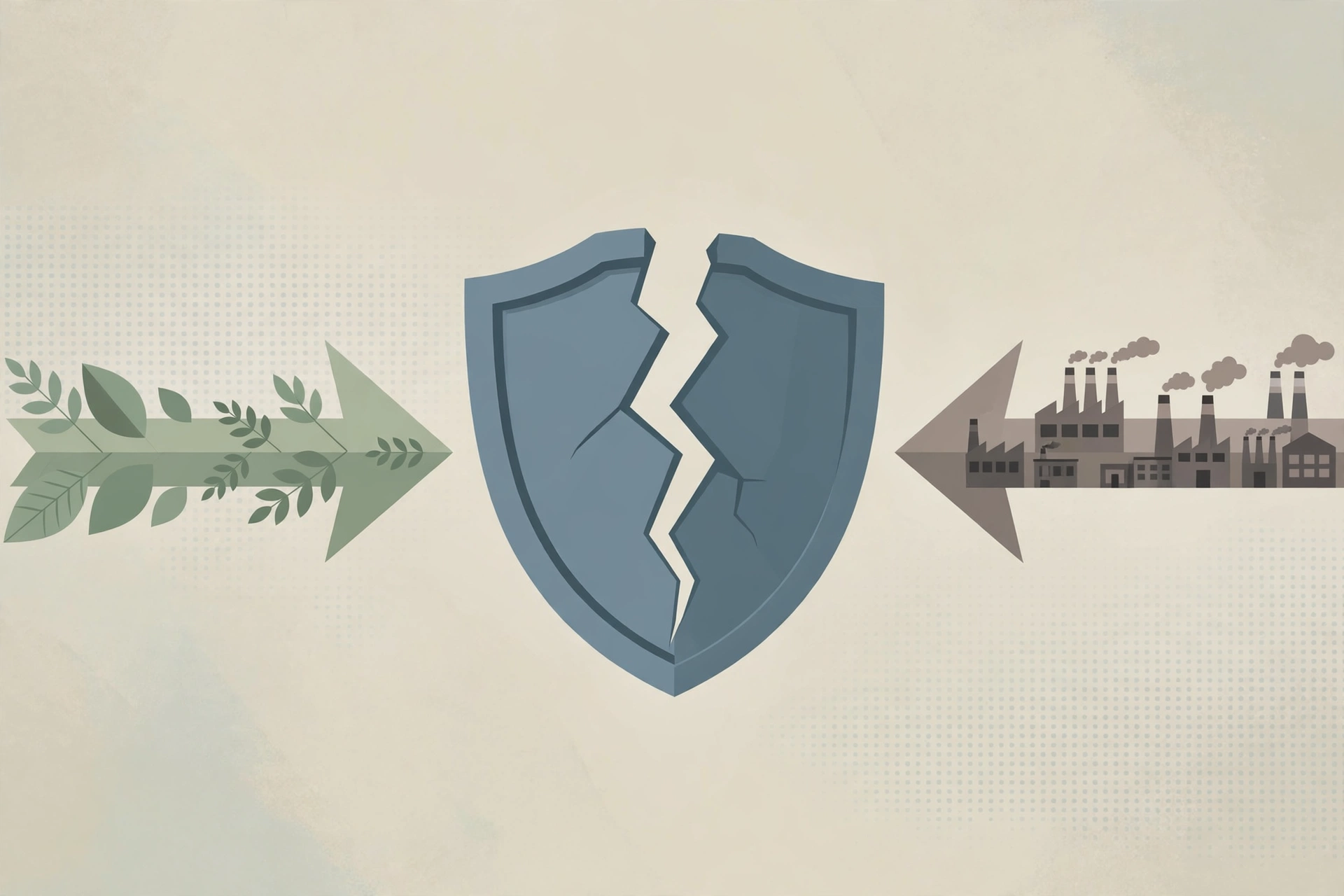 Editorial illustration of a cracked shield between a leaf-motif arrow and a factory-motif arrow