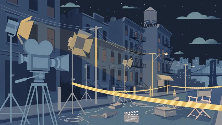 Illustration of a film set on a city street at night with police tape