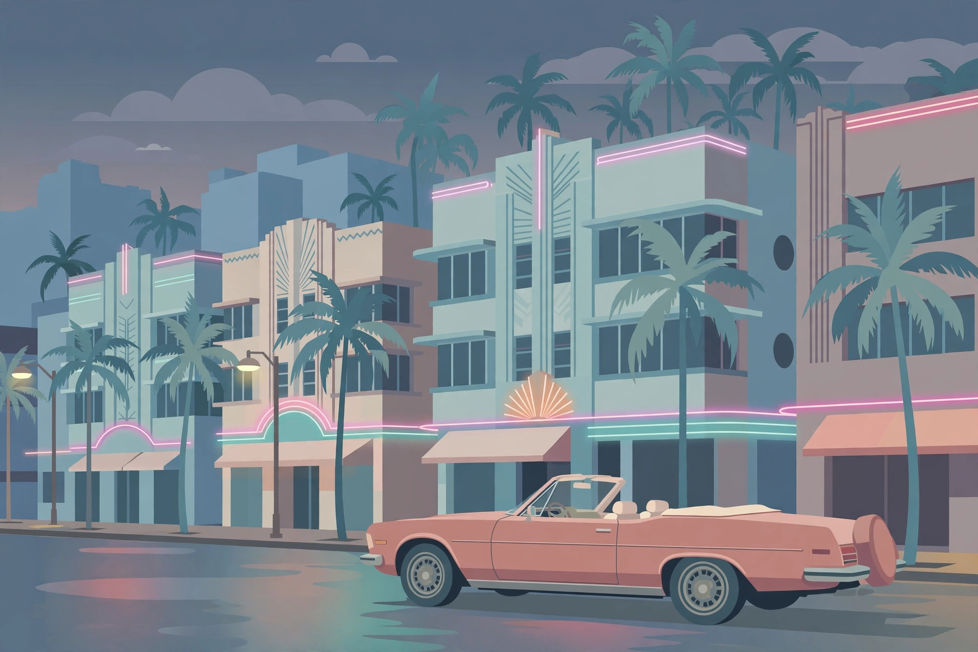 Illustration of a vintage convertible on a neon-lit 1980s Miami street