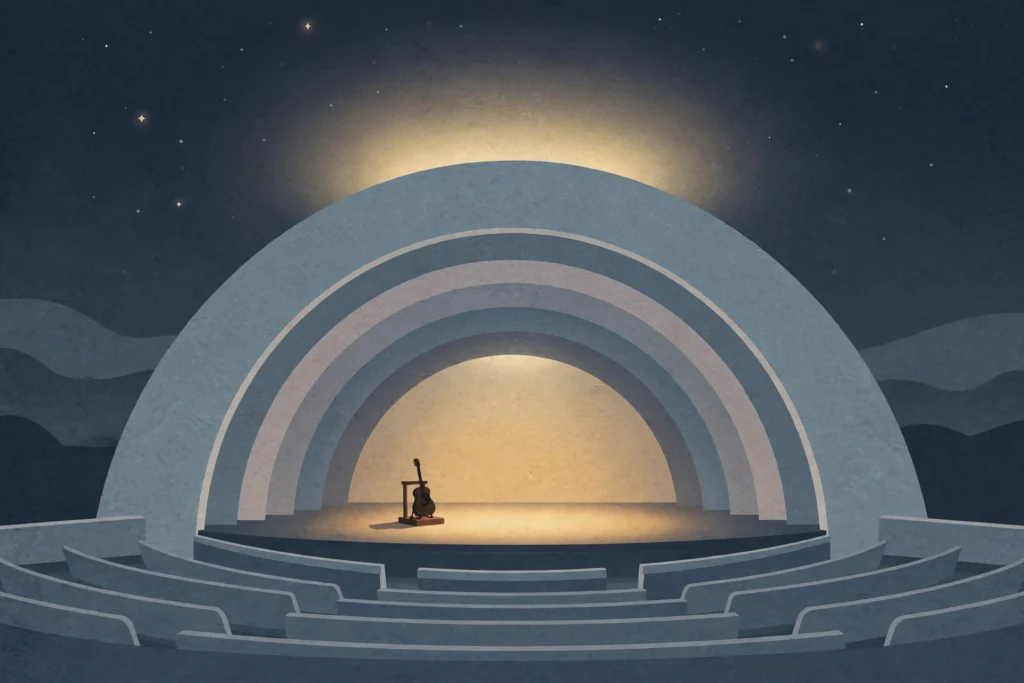 Editorial illustration of an empty amphitheater stage at night with a lone guitar under a spotlight
