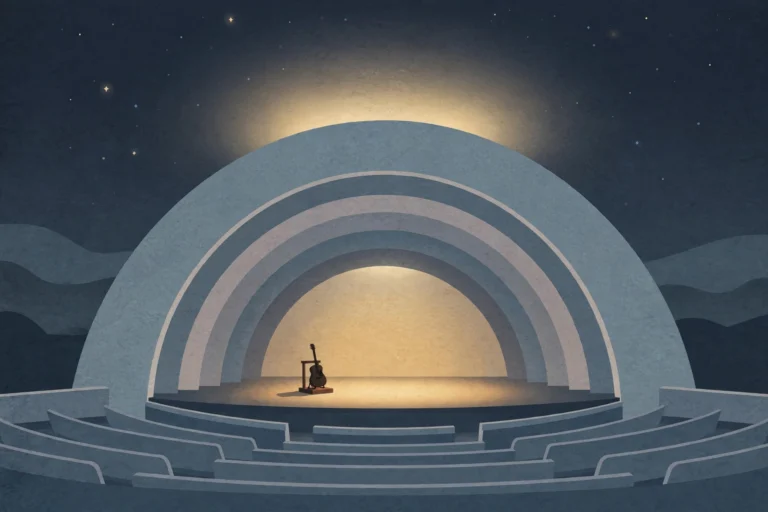 Editorial illustration of an empty amphitheater stage at night with a lone guitar under a spotlight