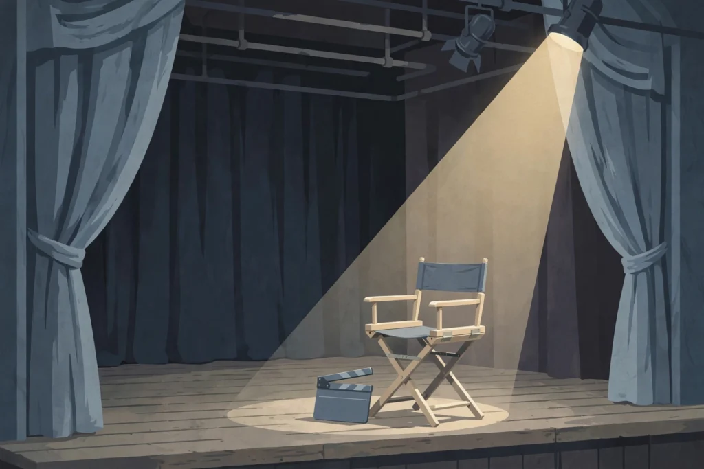 Editorial illustration of an empty cinema stage with a spotlight on a director's chair and clapperboard