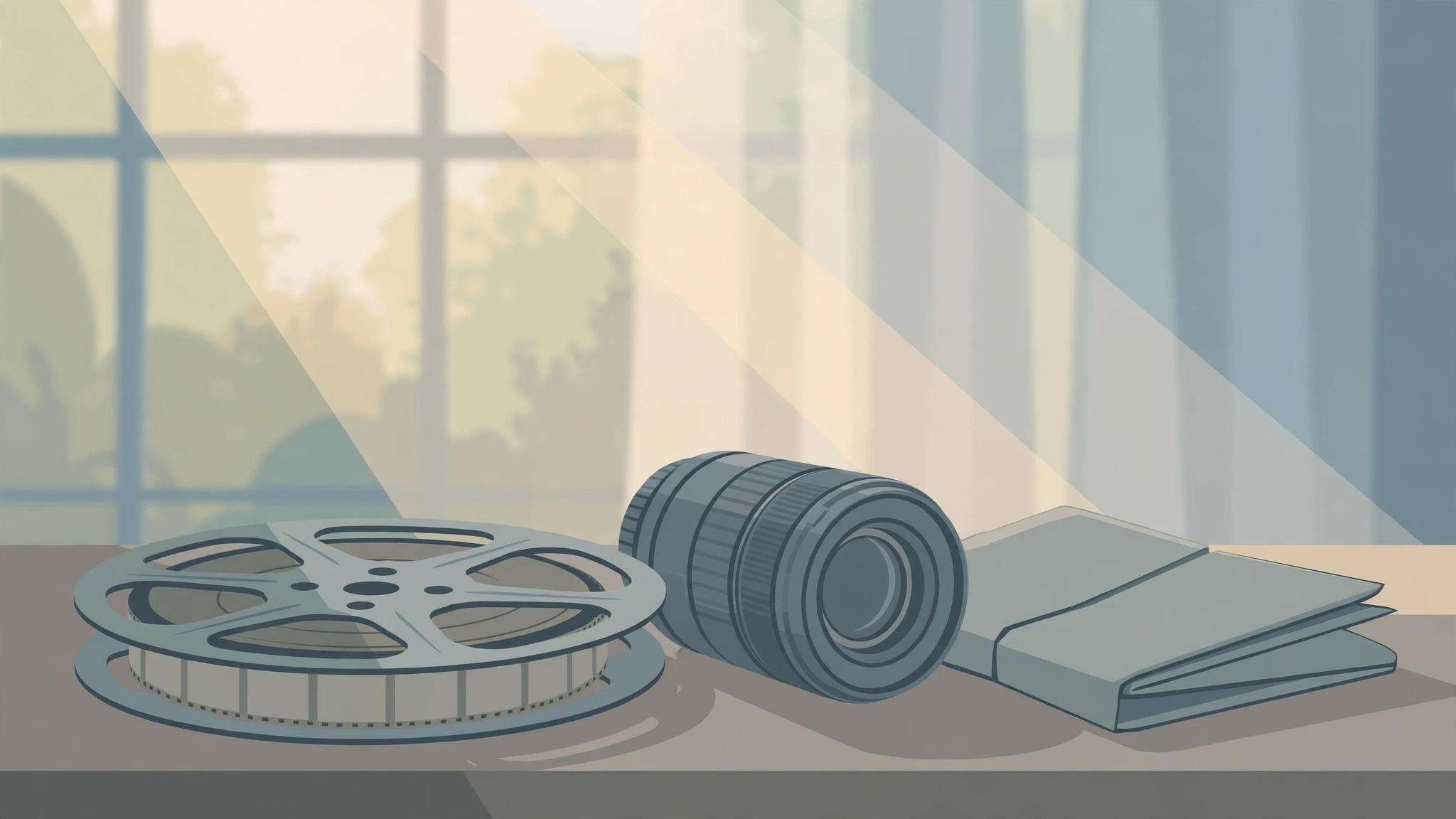 Editorial illustration of a film reel and camera lens on a table beside a folded newspaper