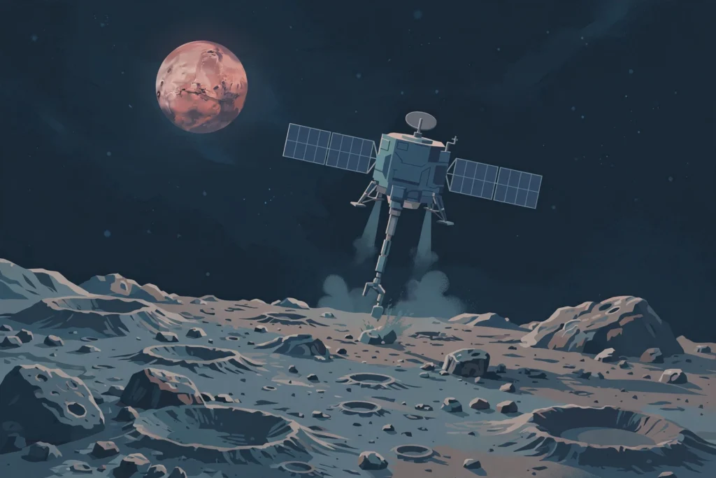 Editorial illustration of a spacecraft descending toward the cratered surface of Phobos with Mars in the sky
