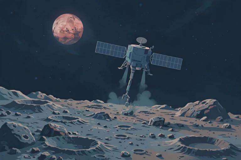 Editorial illustration of a spacecraft descending toward the cratered surface of Phobos with Mars in the sky