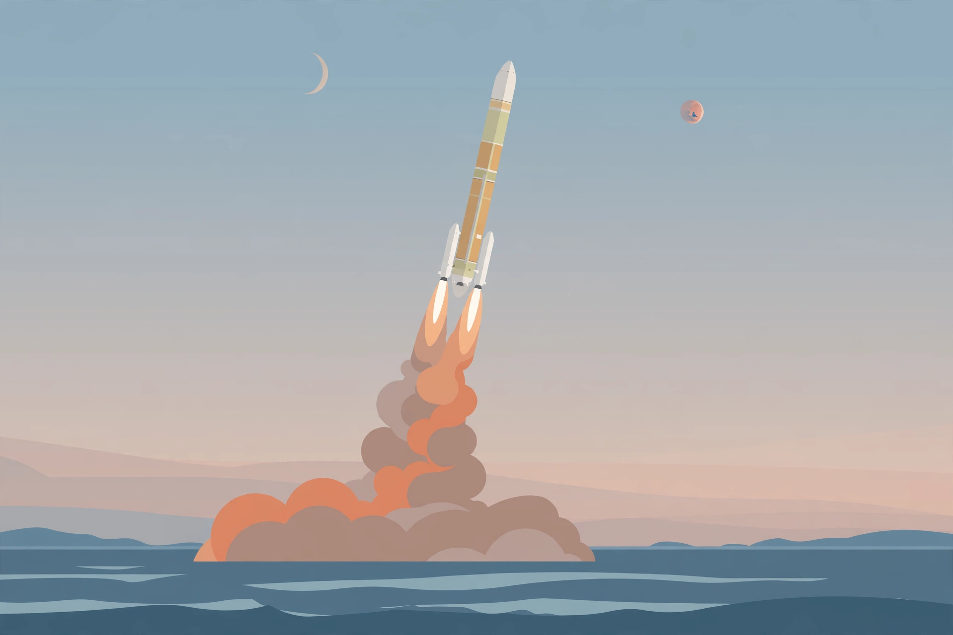 Editorial illustration of a rocket ascending over the sea at dawn with the crescent moon and Mars in the sky