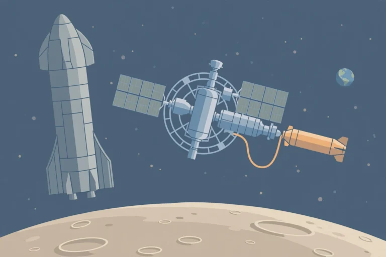 Illustration of a lunar rocket and orbital fuel depot above the Moon