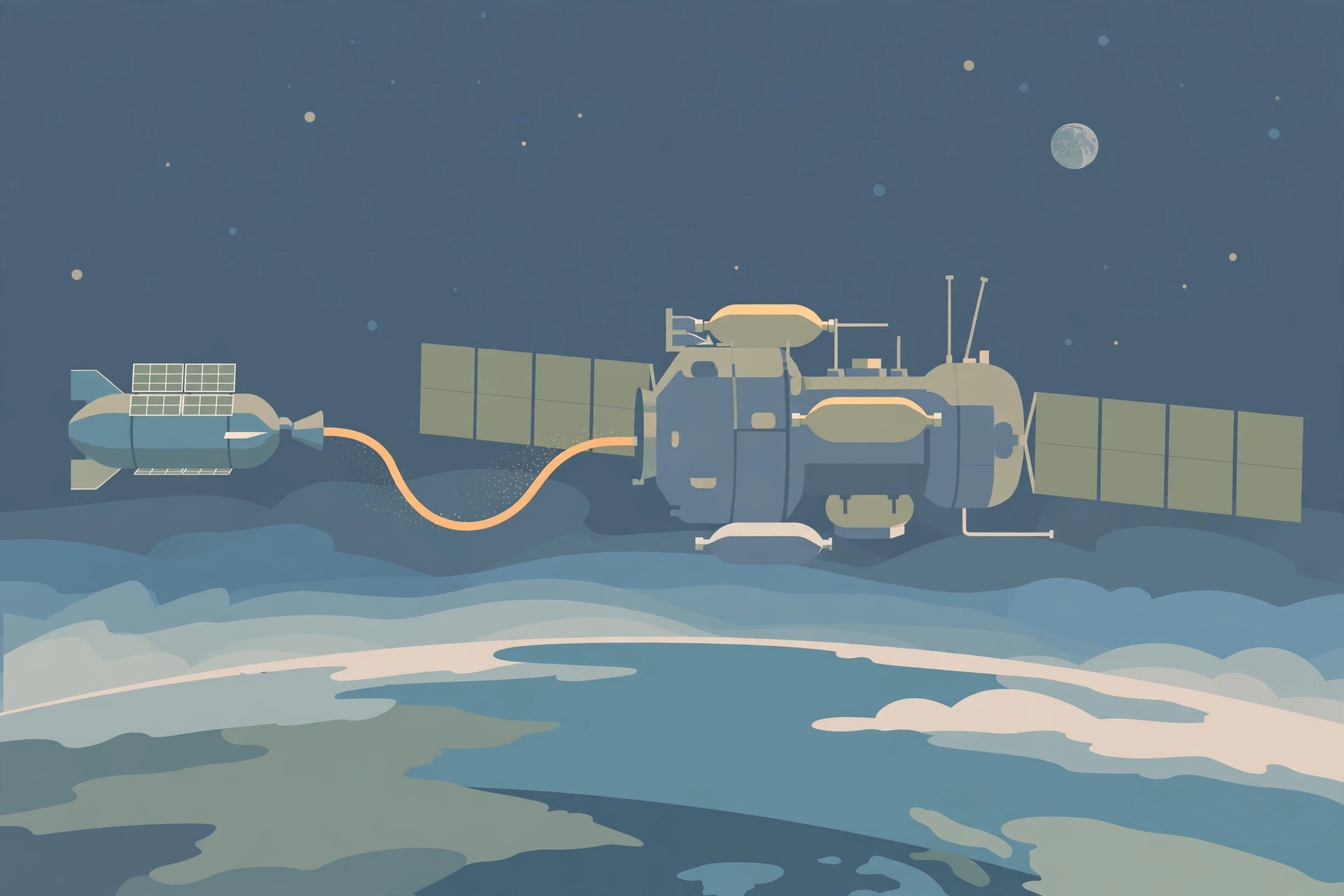 Illustration of tanker spacecraft transferring fuel to an orbital depot above Earth