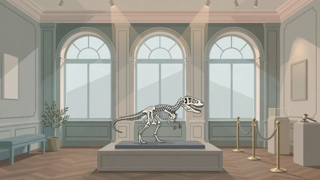 Illustration of a dinosaur skeleton on display in an auction gallery
