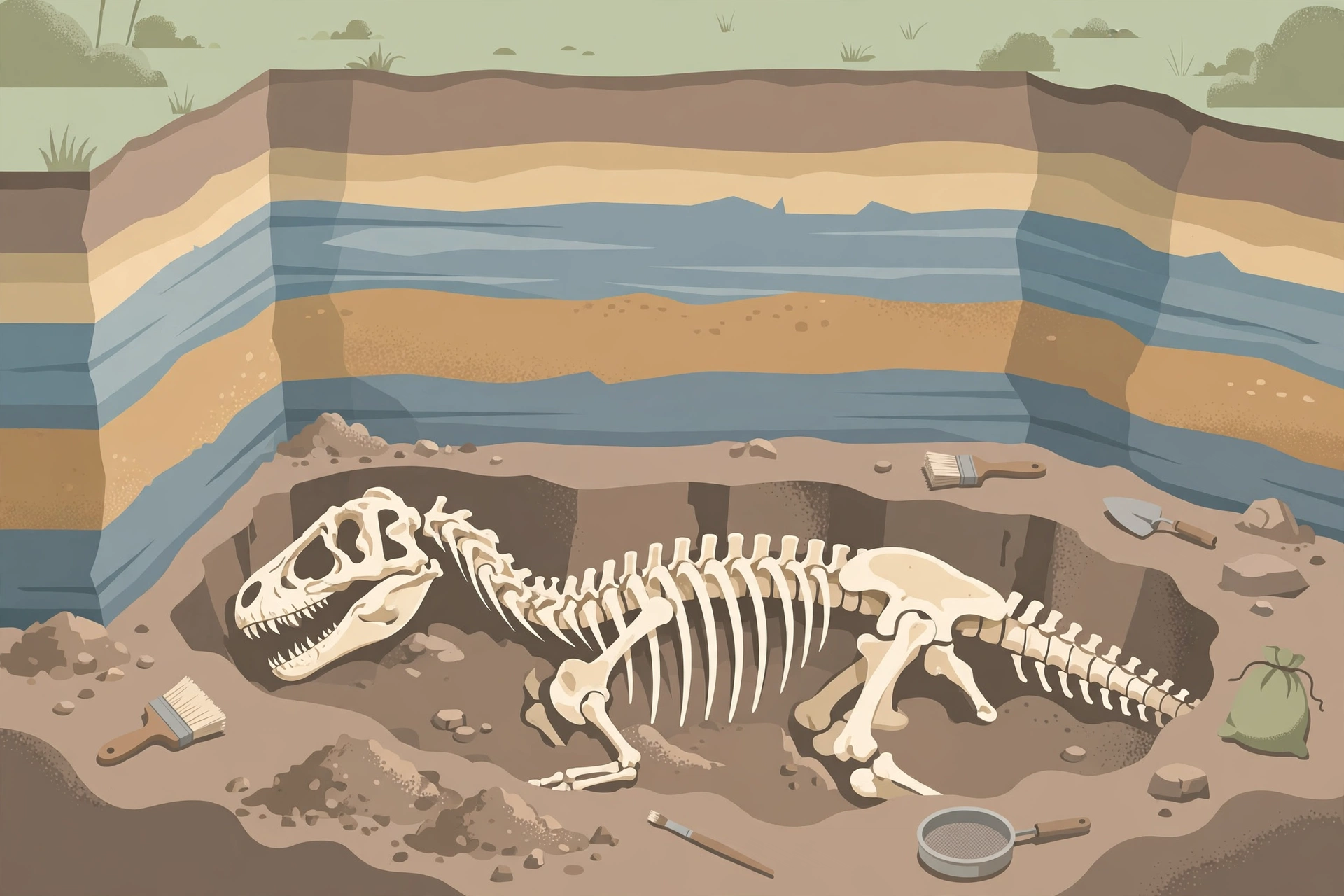 Illustration of a dinosaur skeleton at a fossil dig site