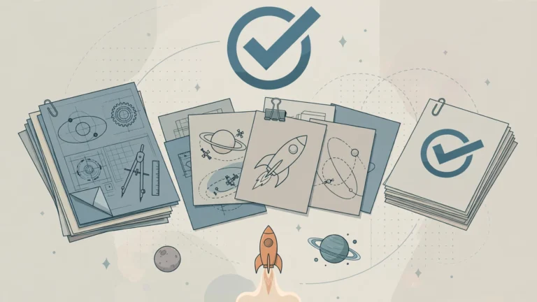 Editorial illustration of NASA mission proposal blueprints being reviewed with rockets and planets
