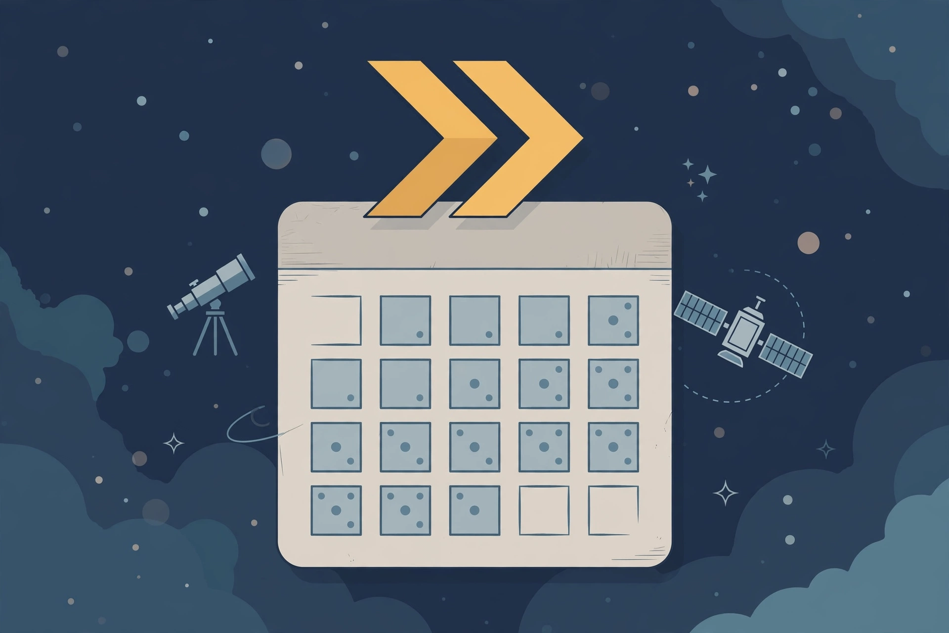 Editorial illustration of a calendar with fast-forward arrows, a telescope and a satellite against space