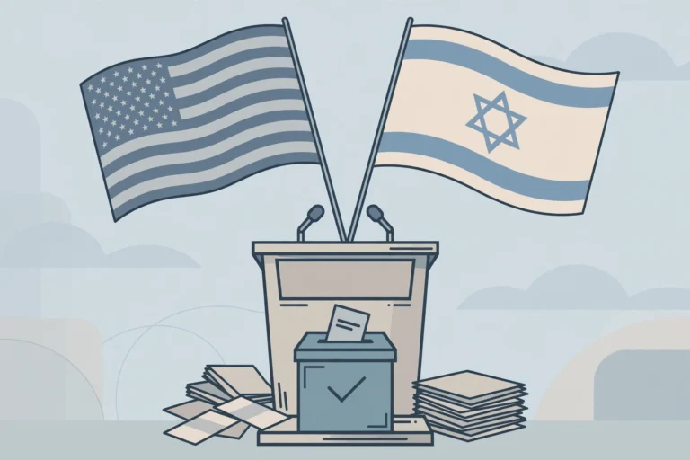 Editorial illustration of US and Israeli flags beside a press podium and ballot box