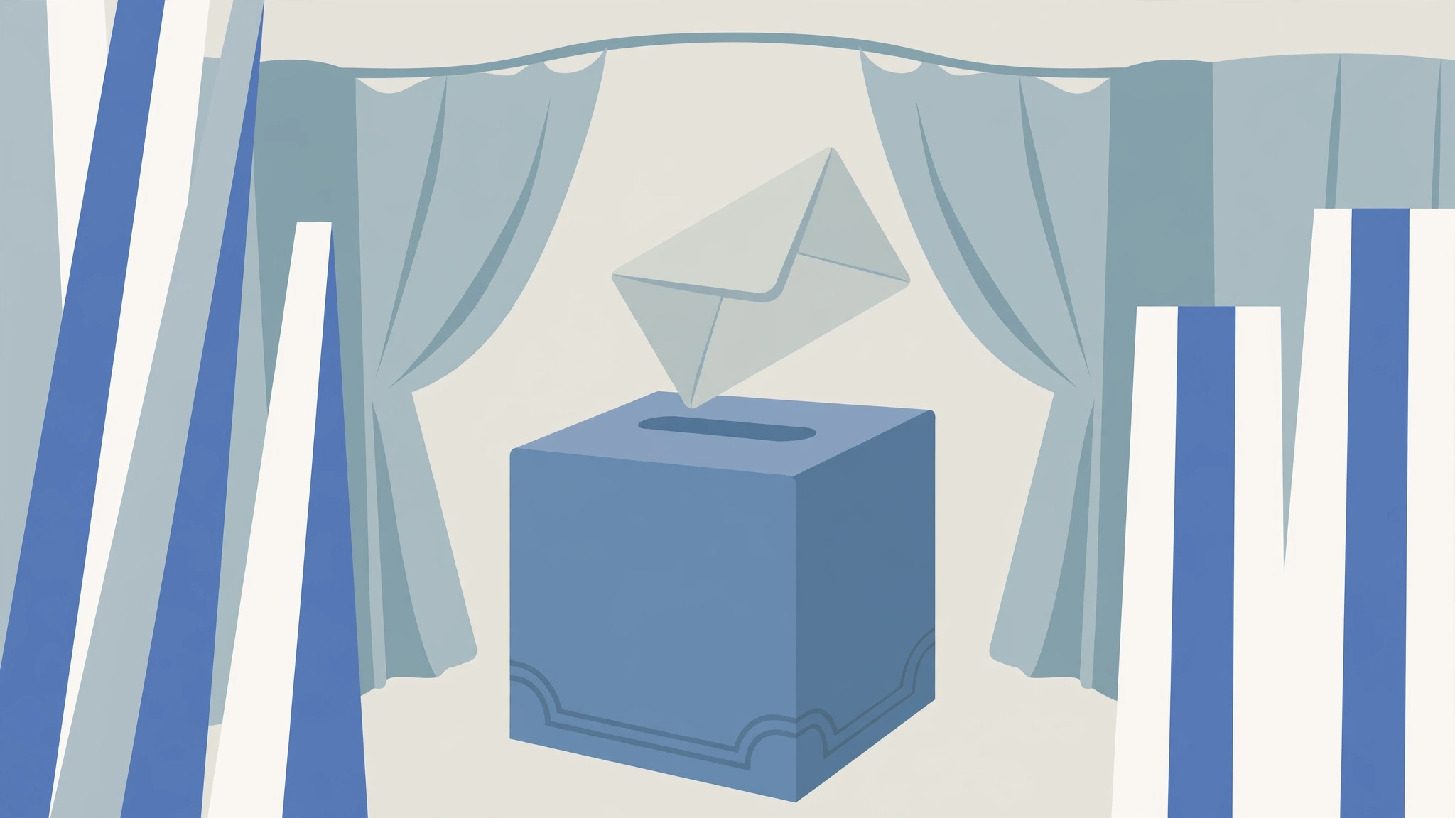 Editorial illustration of a ballot envelope dropping into a blue ballot box