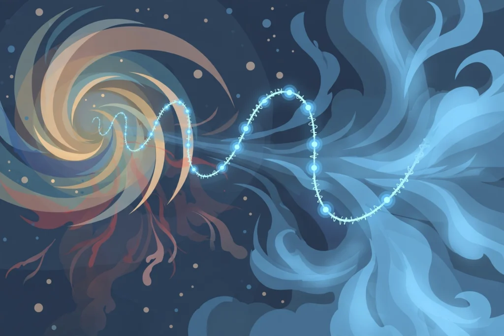 Editorial illustration of cosmic particle trails in deep space