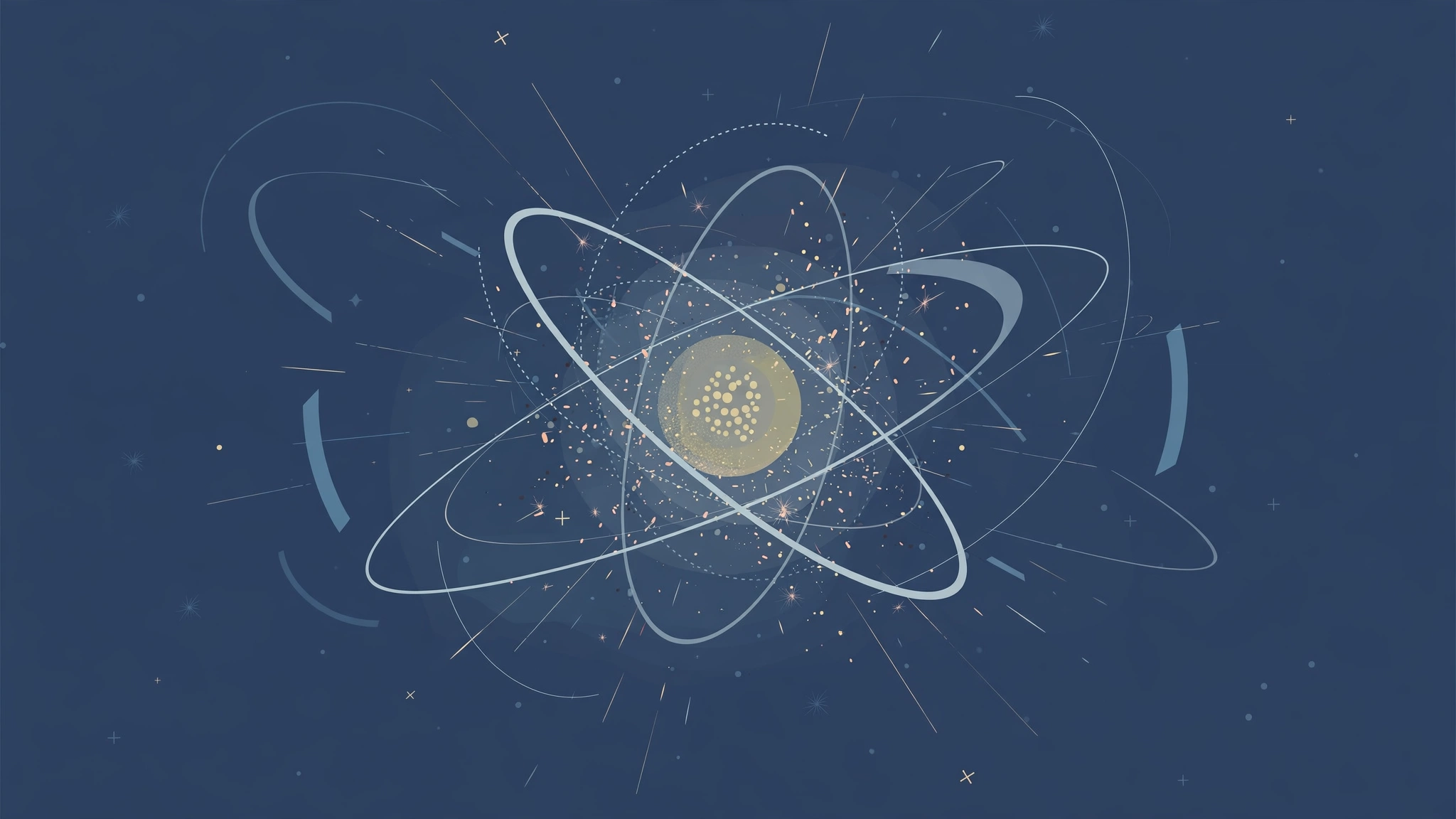 Editorial illustration of a stylised particle among ghostly rings in space